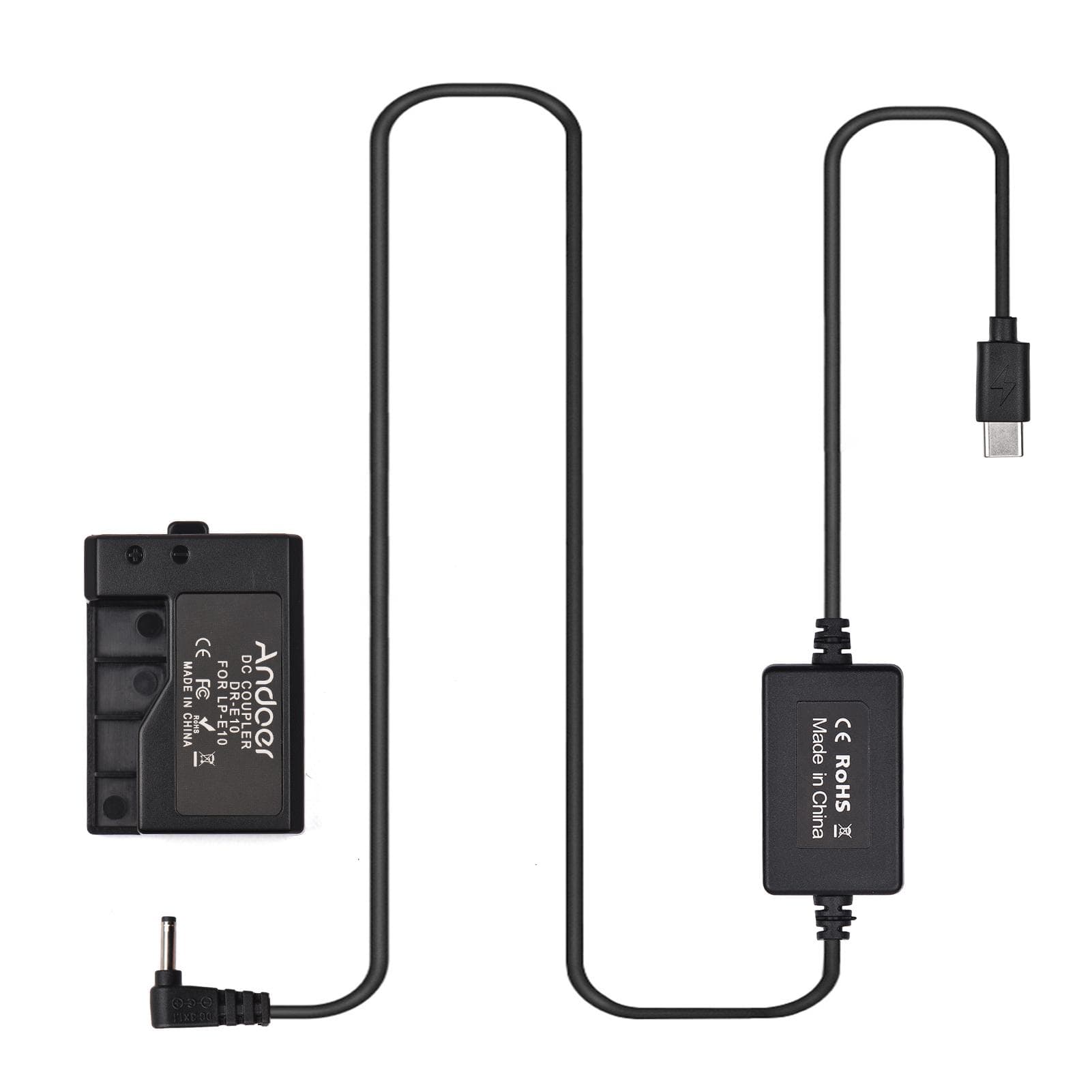Andoer PD USB Type-C Cable to DR-E10 Dummy Battery DC Coupler LP-E10 Replacement for Canon EOS black