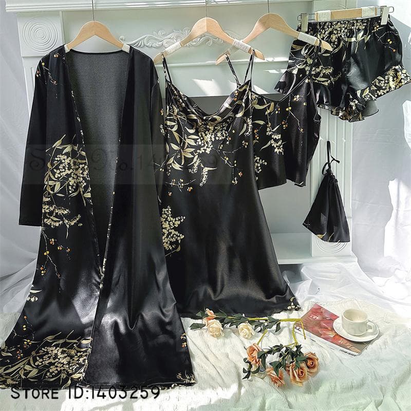 New Female 4PCS Pajamas Set Spring Summer Satin Sleepwear Intimate Lingerie Print Cherry Flower Nightgown Loose Home Clothes L