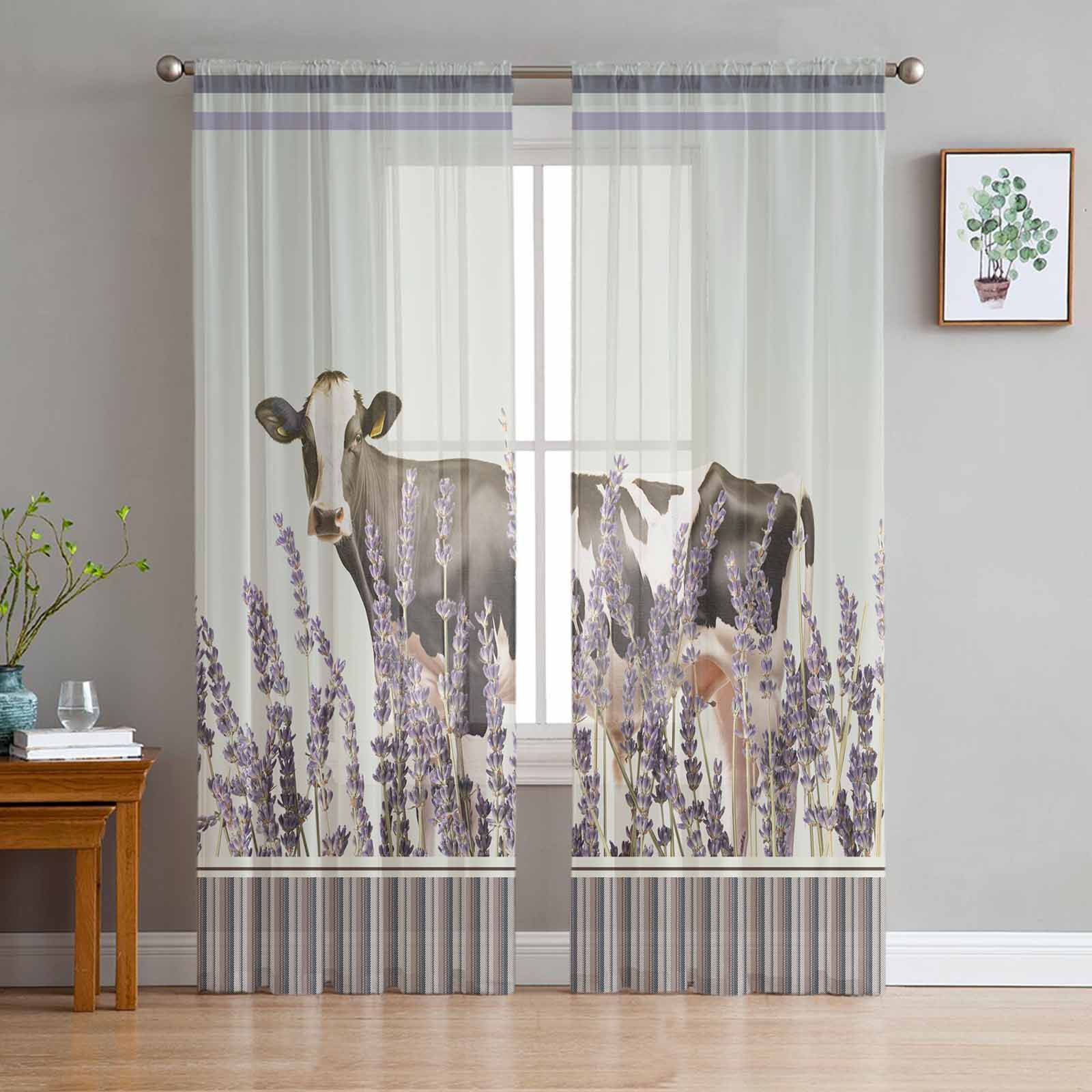 Cow Lavender Farm Vertical Stripes Gray Purple Window Tulle Curtains for Living Room Hotel Luxury Decoration Sheer Curtains 135W x 114H(cm)