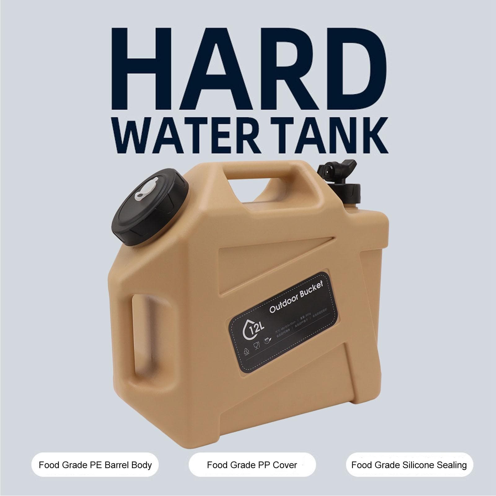 Water Container 12L Large Capacity Drinking Water Storage Bucket with Valve for Camping Khaki khaki