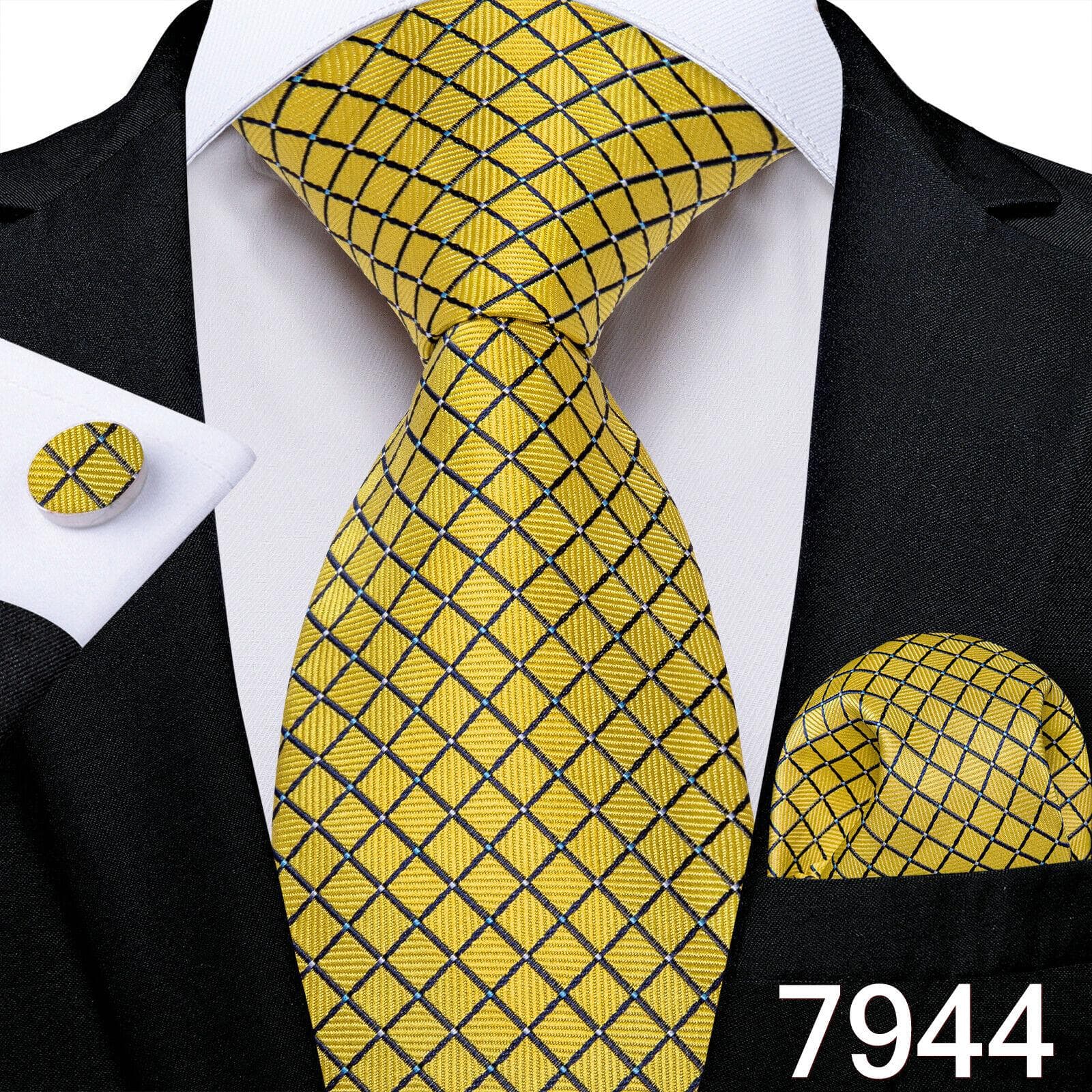 Luxury Gold Yellow Men's Necktie Set Striped Paisley Ties Silk Hanky Cufflinks for Business Set N-7944