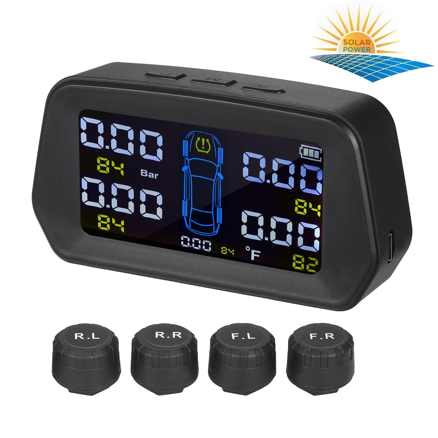 TPMS Tire Pressure Monitoring System Solar Powered with External Sensors and Alarm Function Real 4 Sensors black