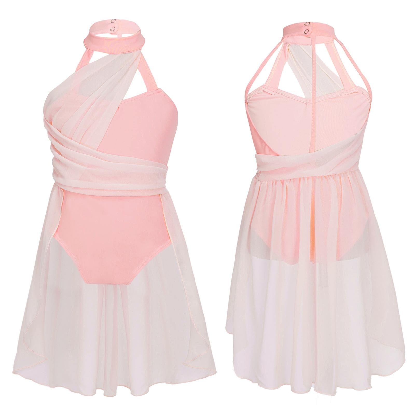 Kids Girls Sleeveless Ruched Chiffon Bodice Caged Back Leotard Dress for Lyrical Contemporary Dance 5-6 Years pink