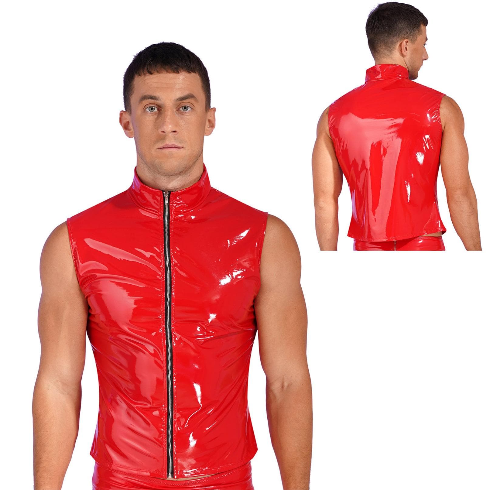 Mens Fashion Zipper Sleeveless Jacket Wet Look Patent Leather Stand Collar Vest Tops Clubwear 4XL red