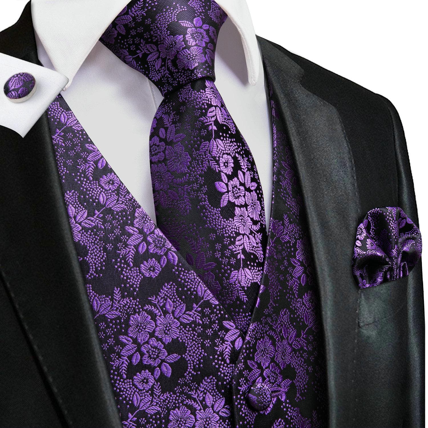 Hi-Tie Mens Waistcoat Silk Paisley Floral Tie Handkerchief Cufflinks SET Formal XL