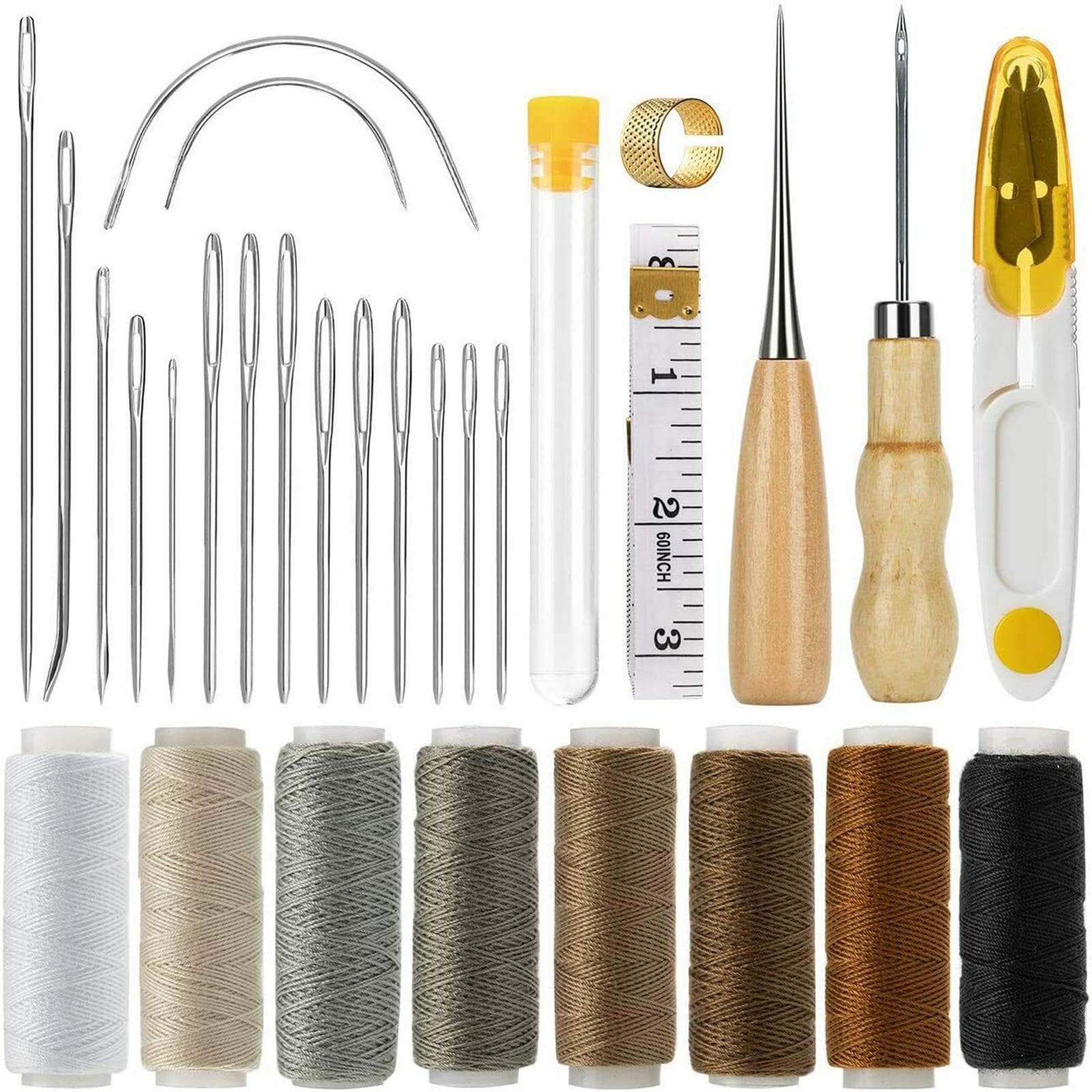 29Pcs Leather Sewing Kit Sewing Stitching Needles Thread Cord Measuring Tape Sewing Thimble DIY 29Pcs