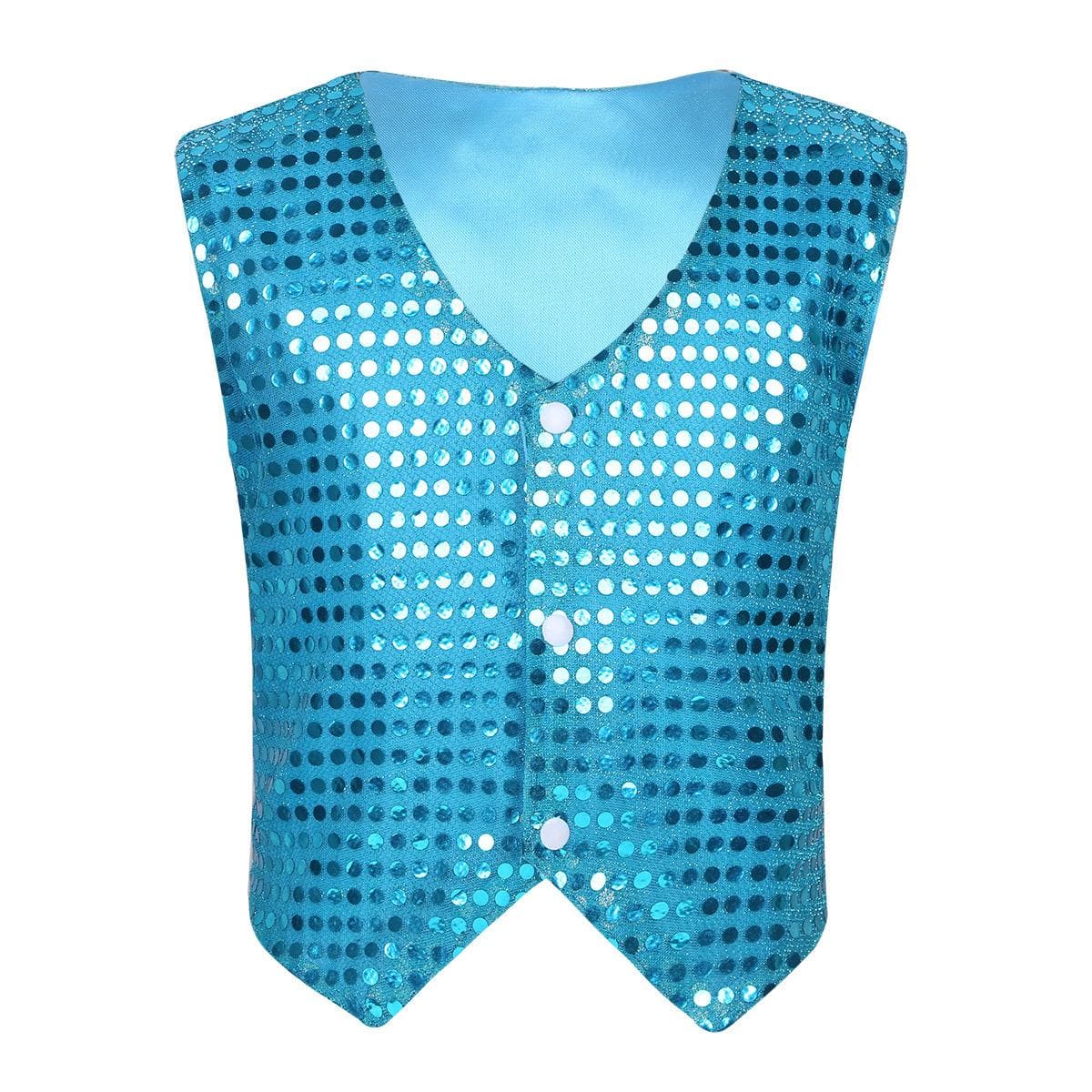 Kids Unisex Jazz Dance Performance Costume Sleeveless Glittery Sequined Vest Waistcoat 13-14 Years light blue