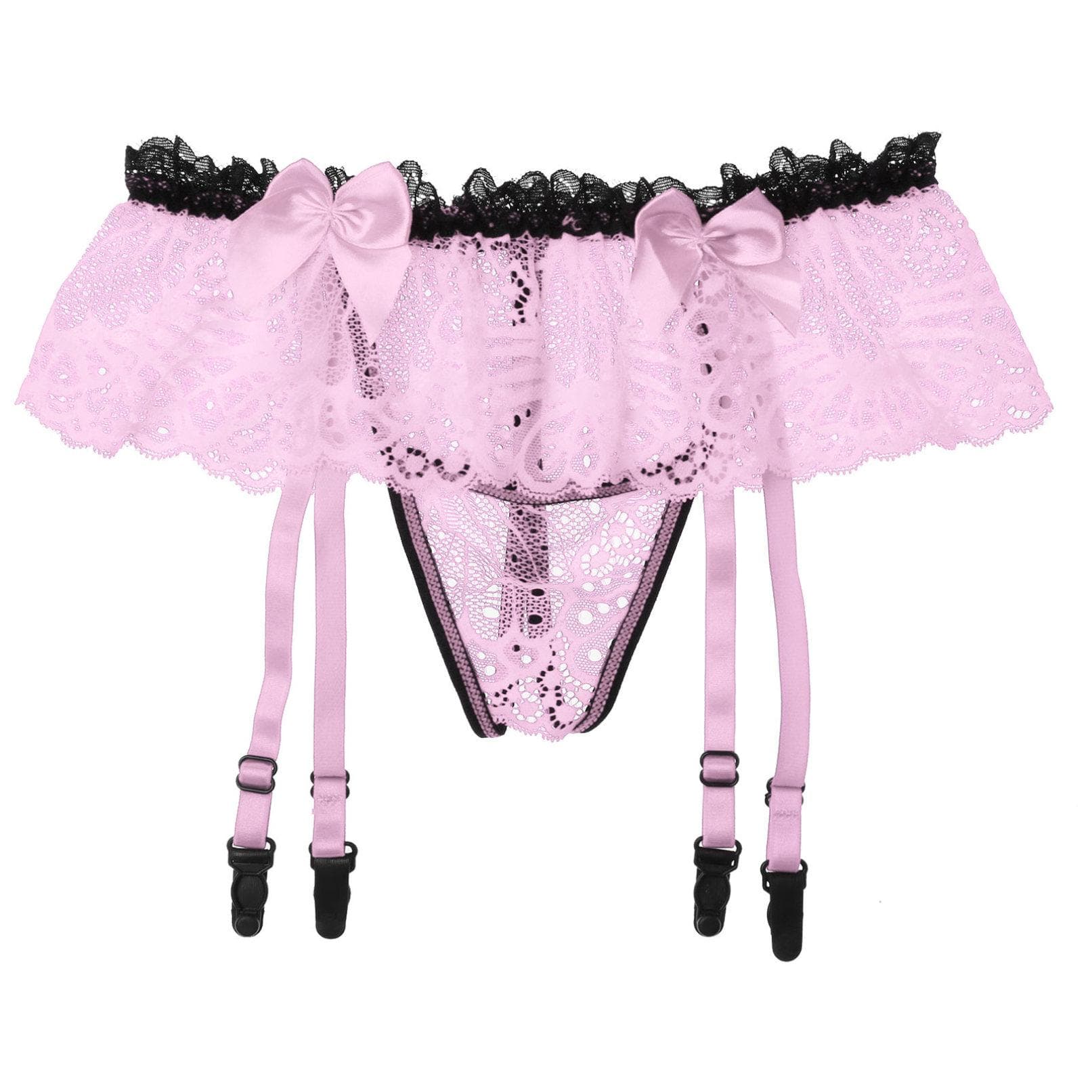 Men's Sexy Stocking Garter Lace Suspender Belts Panties Bow Garters pink