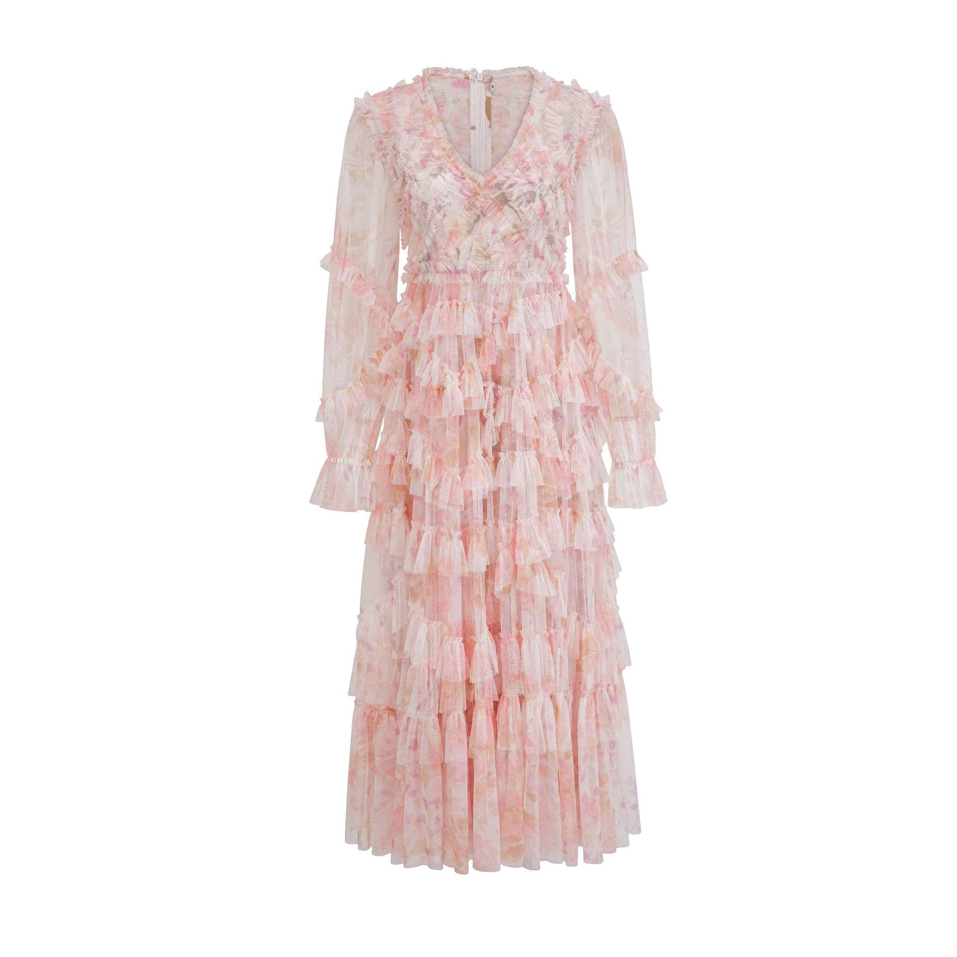 New Printed Long-sleeved Floral Dress Group Spring Vacation French Waist Long Dress Women's Clothing XL