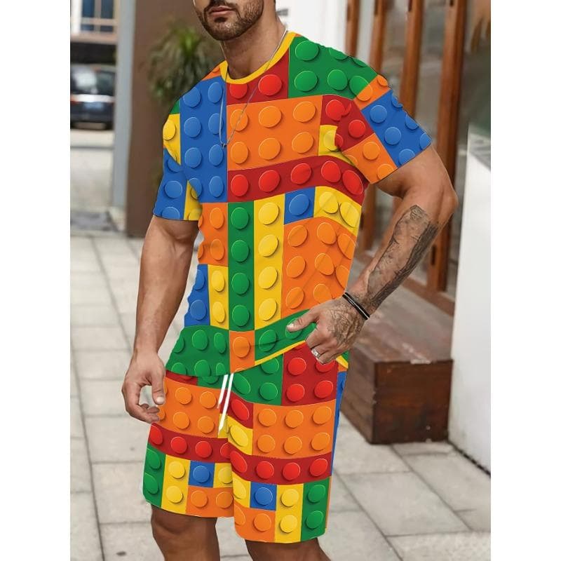 Men's Summer Casual Sports Suit, 3D Printed Crew Neck T-Shirt and Shorts, Micro Elastic Knitted Fabric L