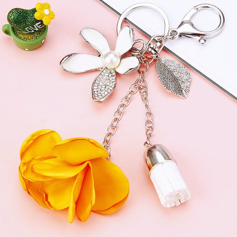 Cloth flower key Ring Chiffon tassel car key chains Lady couple bag New fashion charm flower keychain Party Gift yellow