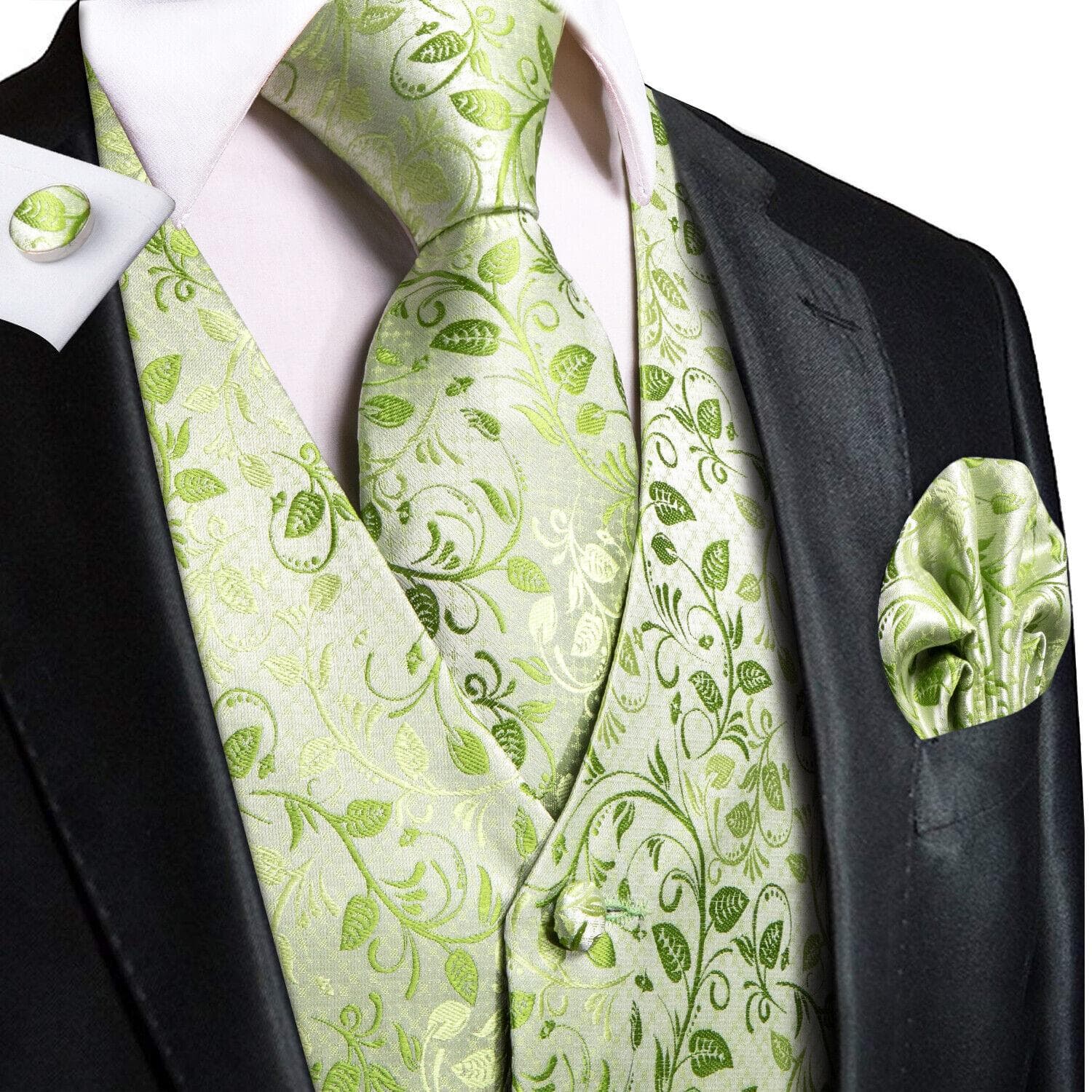 Hi-Tie Mens Waistcoat Silk Paisley Floral Tie Handkerchief Cufflinks SET Formal L