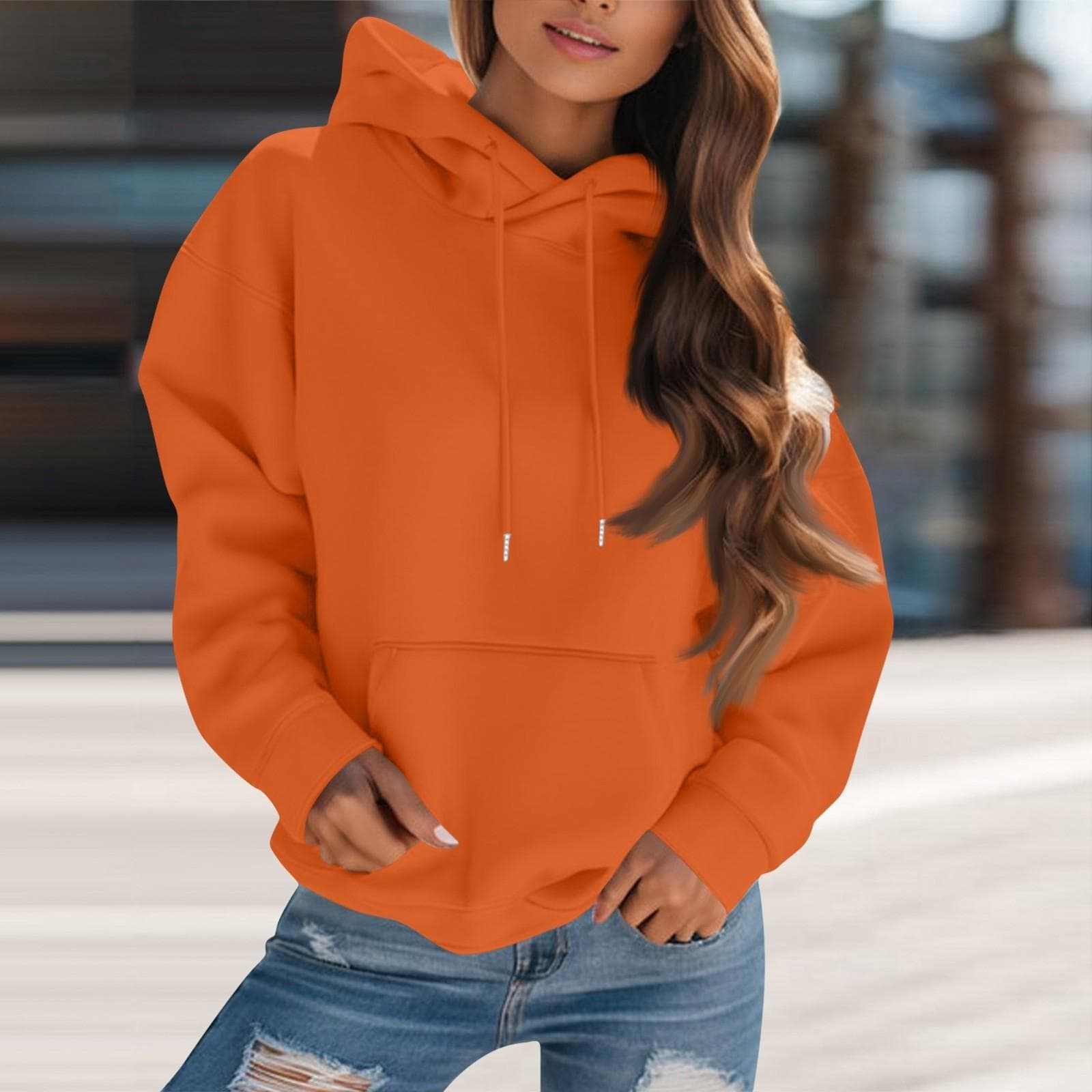 Women's Fashion Solid Color Hooded Drawstring Long Sleeve Loose Pullover Sweatshirt Top XXXL orange