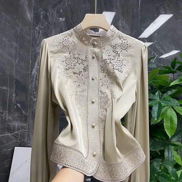 Blouse Female Embroidery Stand-up Collar Long-sleeved Heavy Imitation Silk Mulberry Shirt Women Autumn M khaki