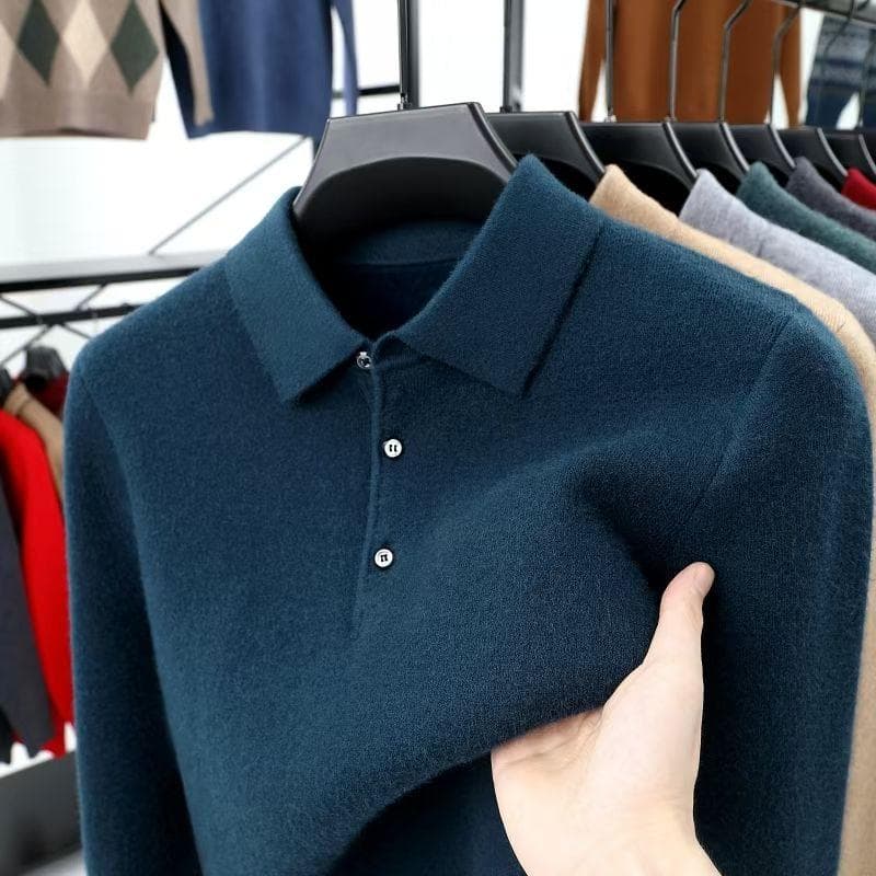 Smart Casual Autumn Winter Sweater Men Solid Lapel Button Simplicity Fashion Luxury Long Sleeve Pullovers Knitted Tops XL blue