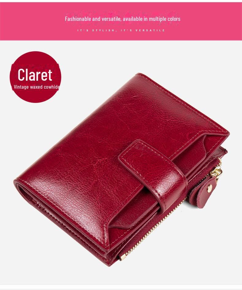 Retro Genuine Leather Women's RFID Anti-Theft Wallet with Large Capacity and Coin Zipper wine red