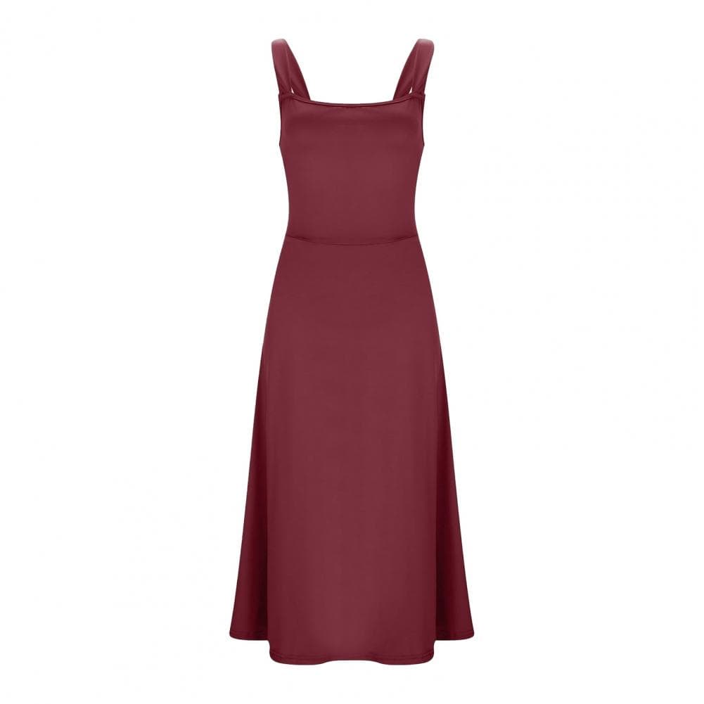 Summer Midi Dress Square Neck Sleeveless A-line Flowy Hem Backless Pure Color High Waist OL Commuting Dating Prom Party Midi Dre M wine red