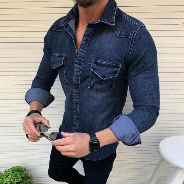 Mens Long-sleeved Denim Jacket Washed Denim Men Casual Slim Jeans Shirt L navy blue