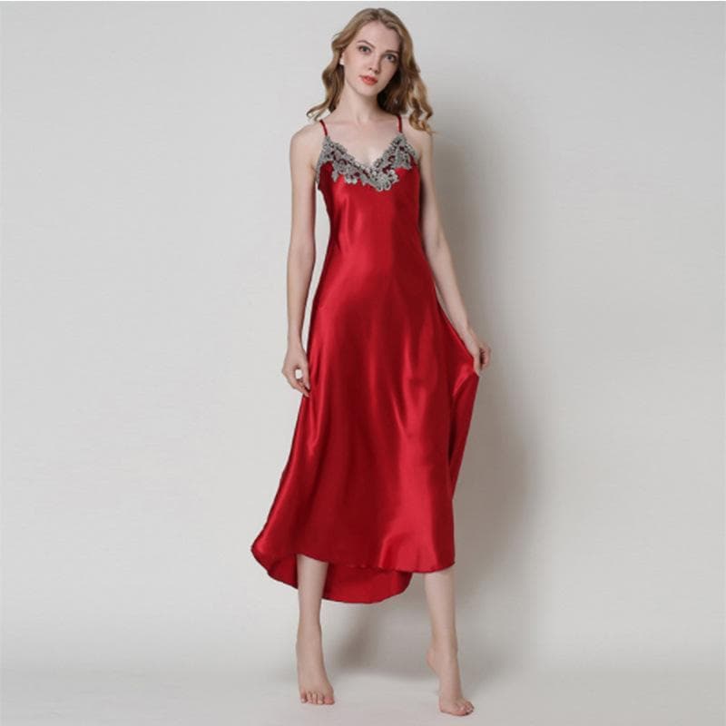 Simulated Silk Women Sleepwear Long Lace Sexy V-neck Silky Charming Night Robe Casual Sleepwear Suspender Home Wear M red