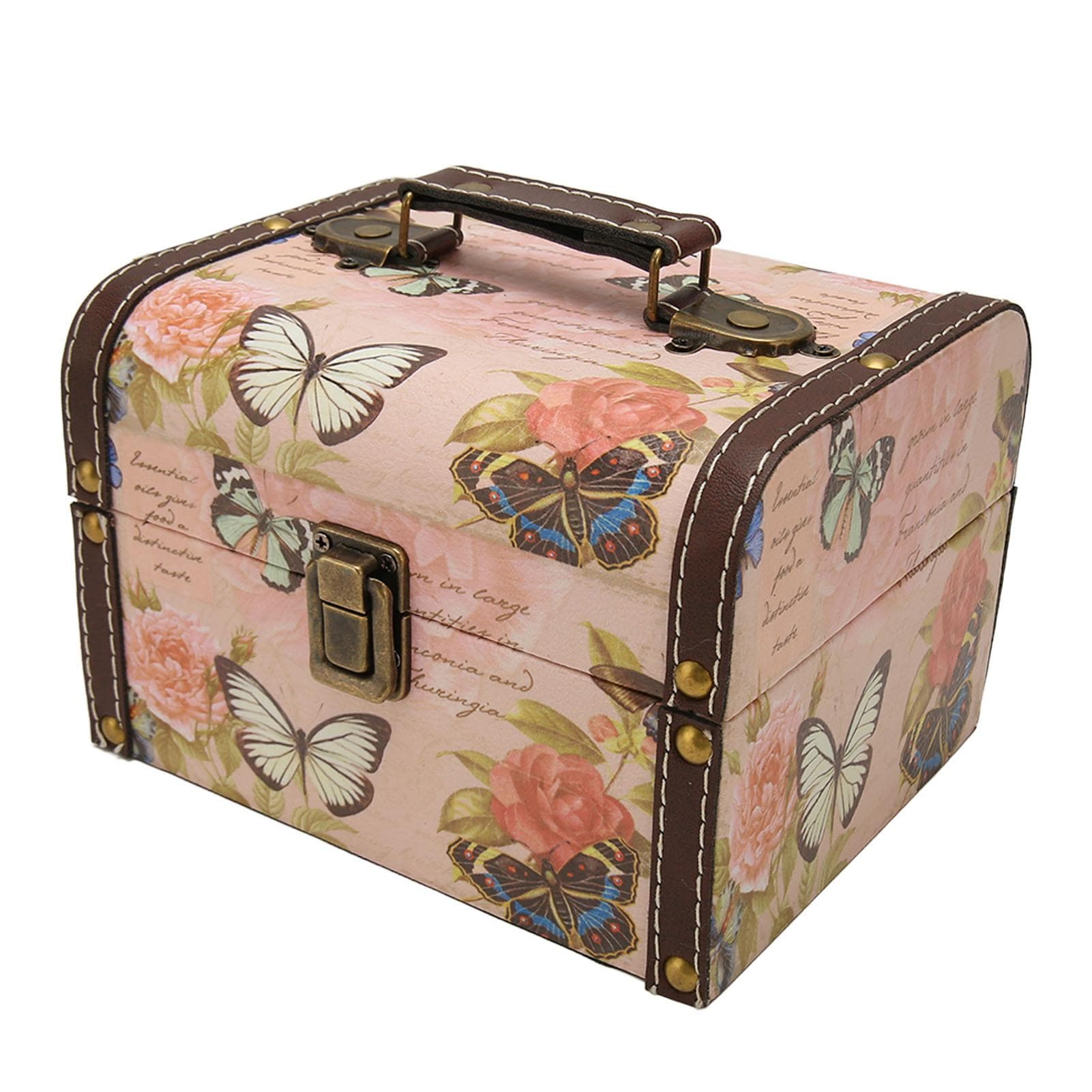 Treasure Chest Box Pink Butterfly Pattern Exquisite Retro Wooden PU Leather Storage Box for Girl