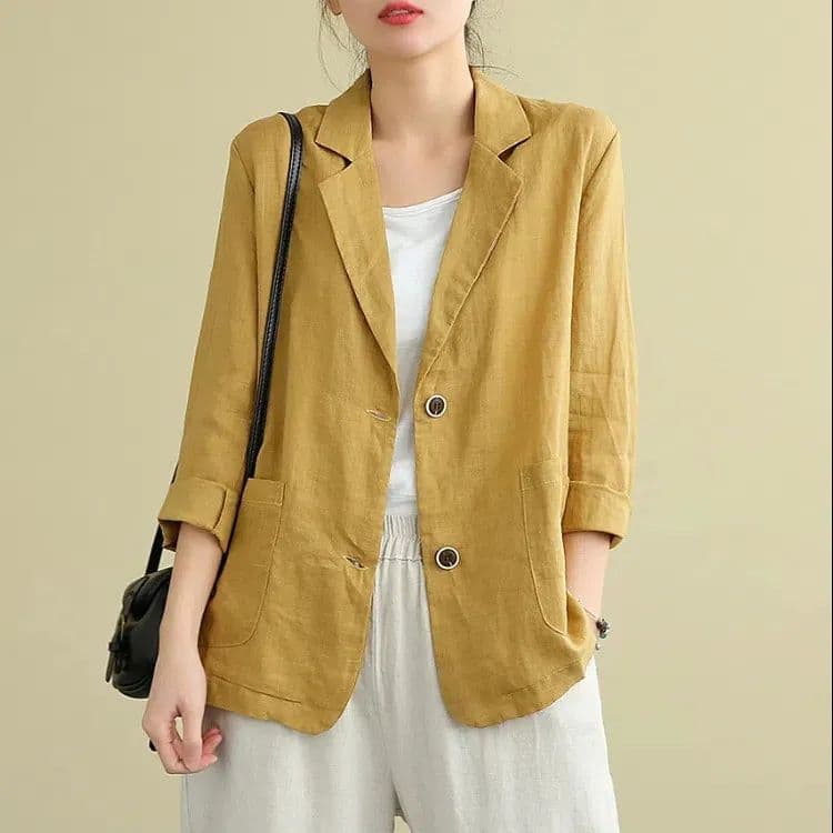 Women's Cotton and Linen Suit Jacket Loose Casual Long Sleeved Suit Top L yellow
