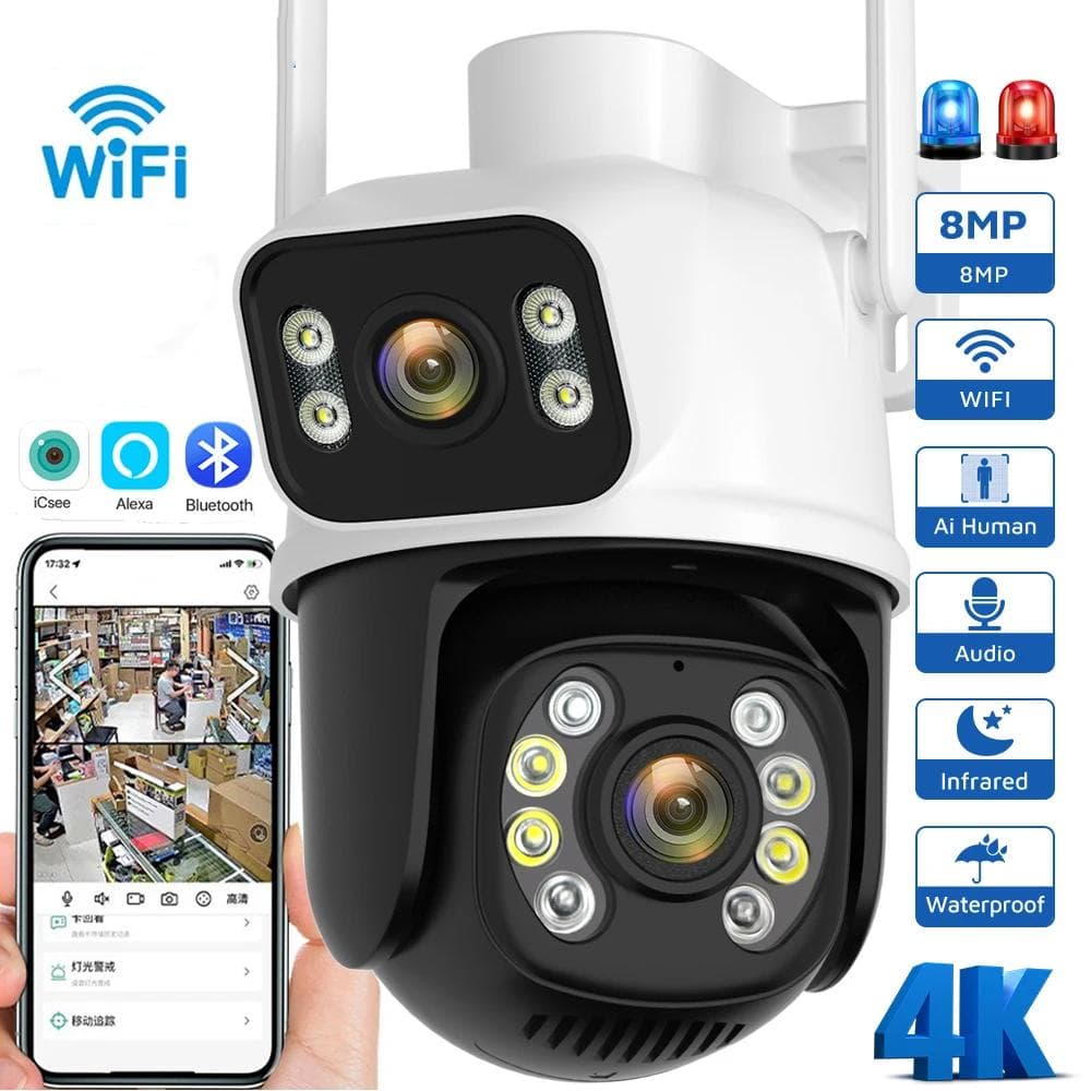 New 8MP PTZ Wifi Camera Outdoor Night Vision Dual Screen Human Detection Security Protection CCTV Surveillance IP Camera EU Plug