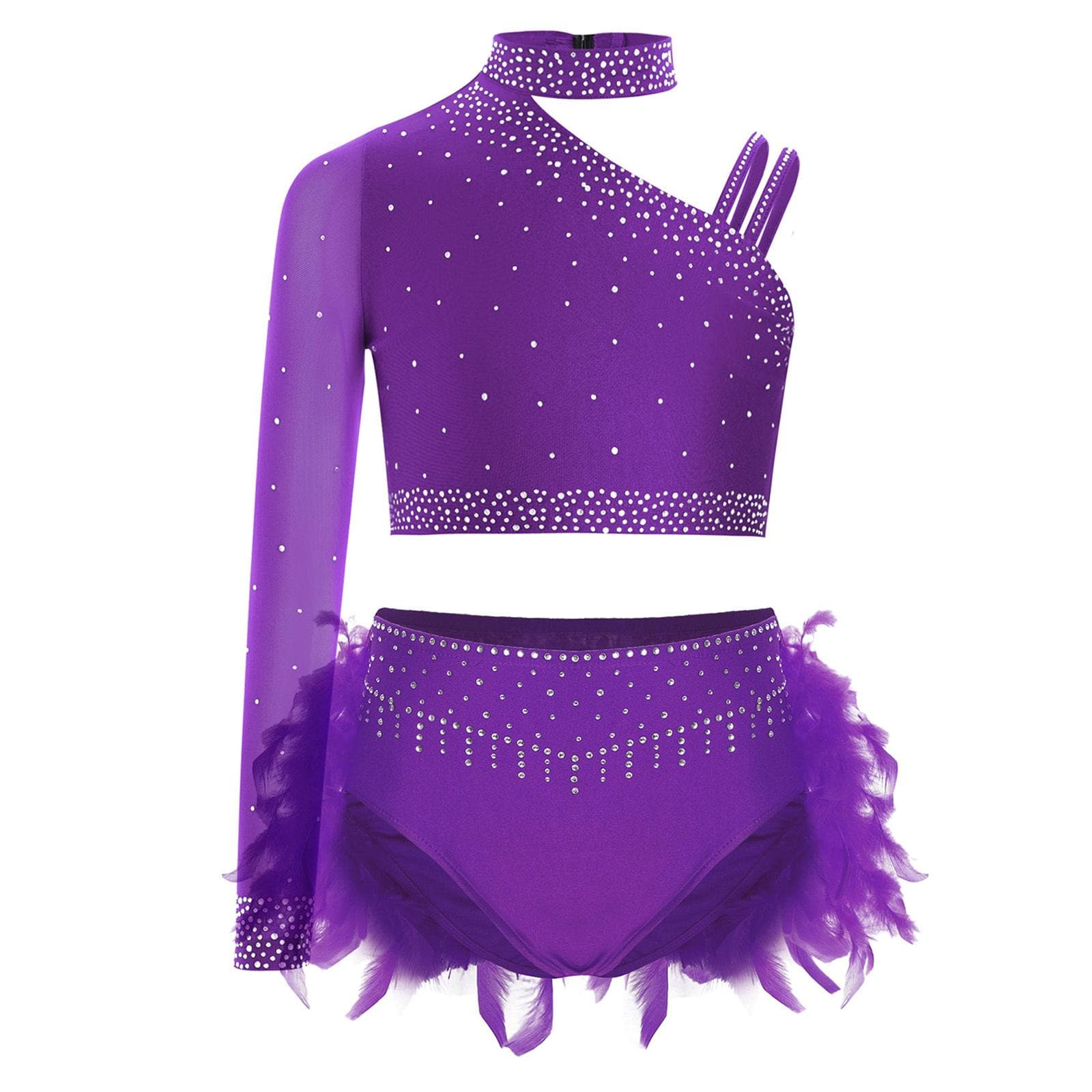 Kids Girls Glittery Dance Costume Set Rhinestone Embellished Crop Top Asymmetric Shoulder and Feather Shorts Outfit 5-6 Years purple