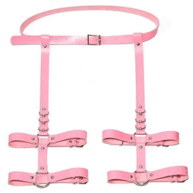 Sexy Harajuku Handmade Pink Bow Garter Belts Leather Suspenders Straps O-ring Leg Harness None pink