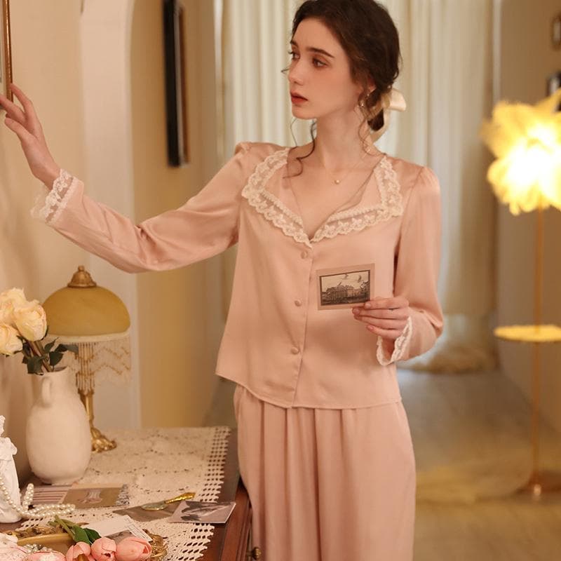 Two Piece Pajamas Set Women Satin Nightwear Home Clothes Spring Autumn Long Sleeve Shirt&pants Sleepwear Suit XL