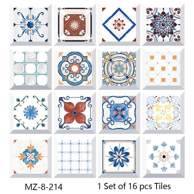 16pcs Watercolor Painting Style Tiles Wall Sticker Kitchen Backsplash Wardrobe Bathroom Waterproof Peel and Stick Art Wall Decals 10cmX10cmX16pcs