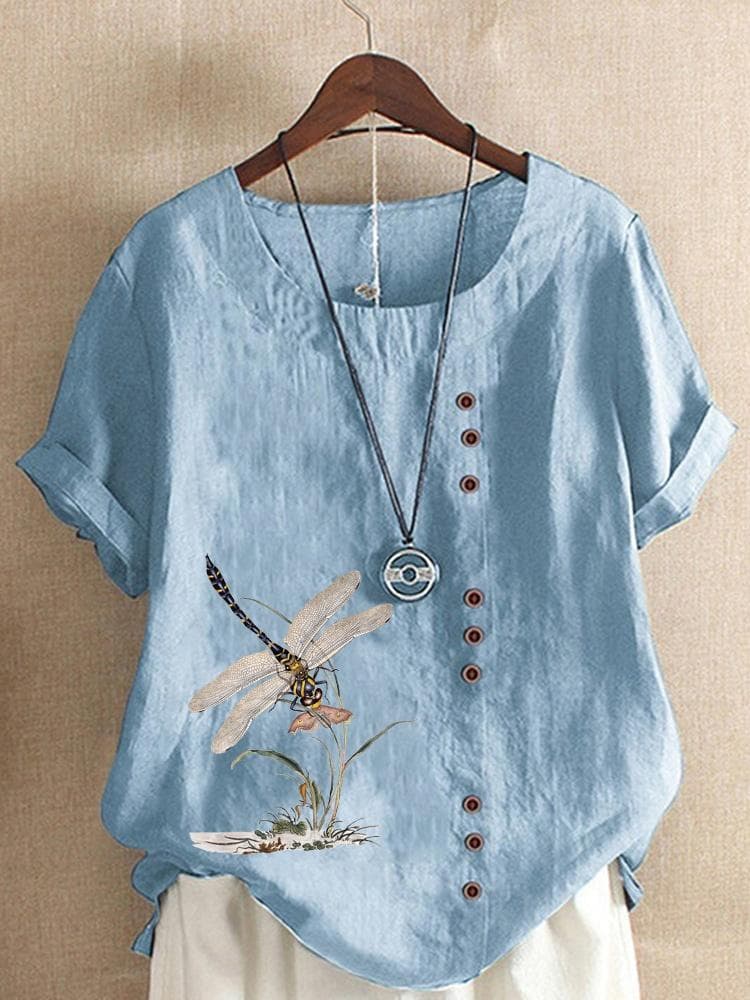 Summer Casual Dragonfly Print Loose T-shirt Retro Cotton and Linen O-neck Plus Size Short-sleeved Women's Top XS-5XL XL blue