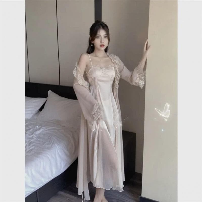 Women's Sexy Bathrobe Set Satin Long Sleeve Lace Pajamas for Women Solid Color Silk 2 Piece Pajamas Set for Women XL