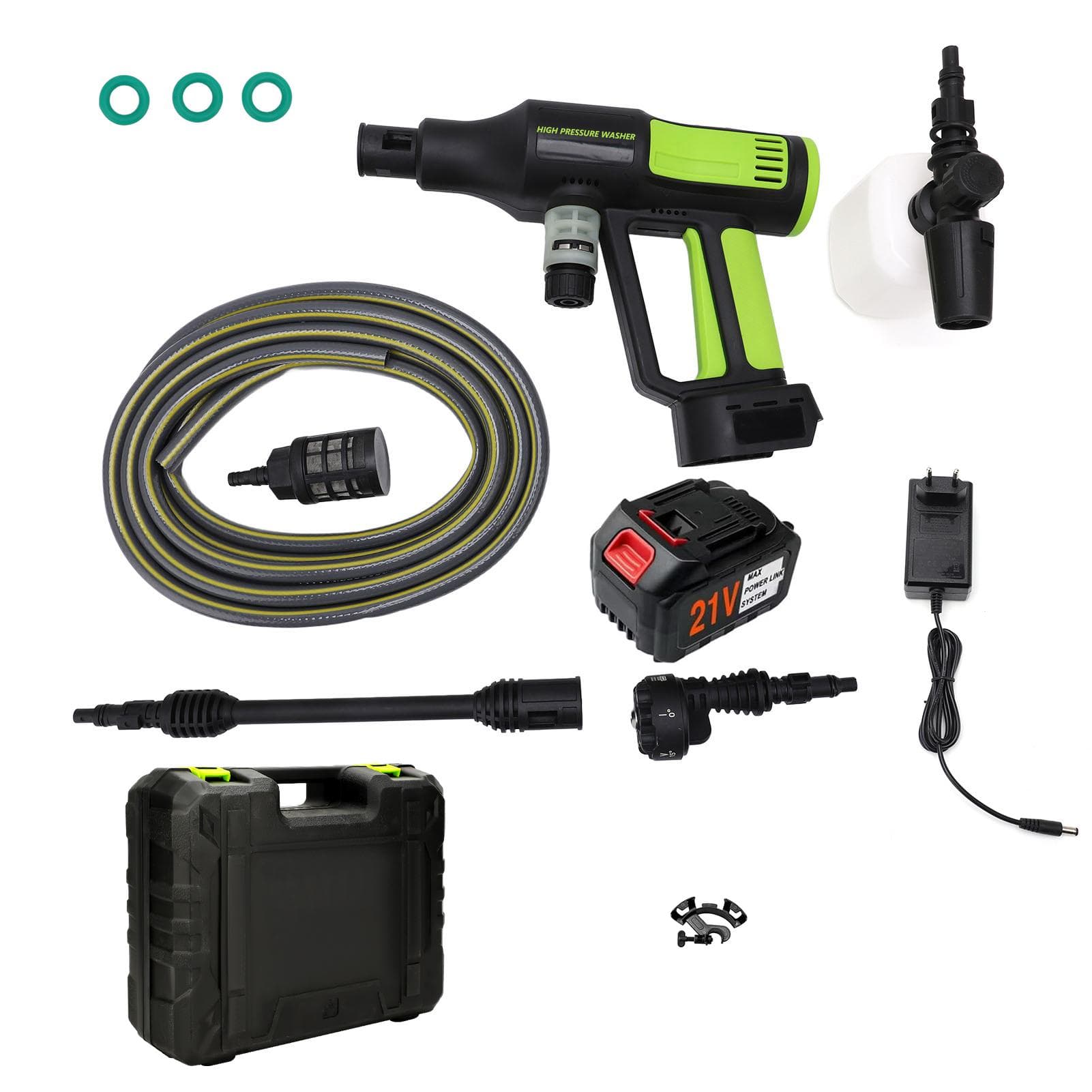 1000PSI Cordless Pressure Washer Brushless with 21V 4.0AH Battery Charger 6 In 1 Nozzle 5m green