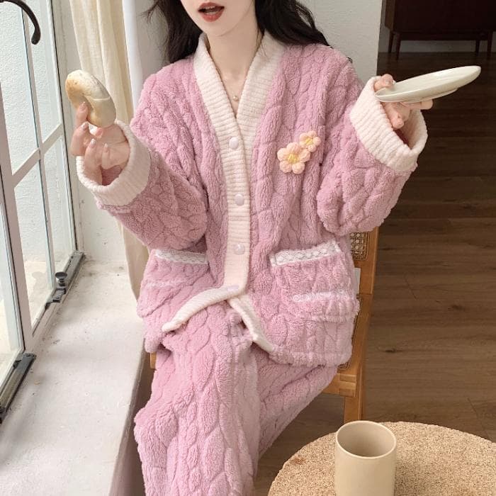 Autumn Winter Kawaii Solid Color Pajama Sets Women Pyjamas Flannel Loung Sleepwear Girl Pijama Mujer Night Suits Homewear XXL