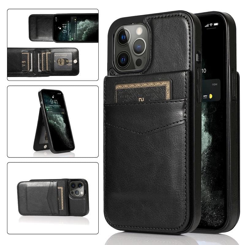 Leather Card Slot Flip Wallet Case For iPhone 16 15 14 Plus 13 12 11 Pro Max XS MAX Samsung S25 S24 S23 S22 S21 Ultra Plus FE A16 A15 A55 A13 A53 A54 iPhone 14 Pro Max black