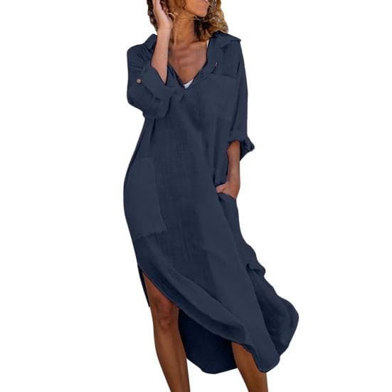Women Summer Lapel V neck Shirt Dress Solid Color Pockets Design Side Split Loose Fit Thin Midi Dress Beach Holiday Dress S navy blue