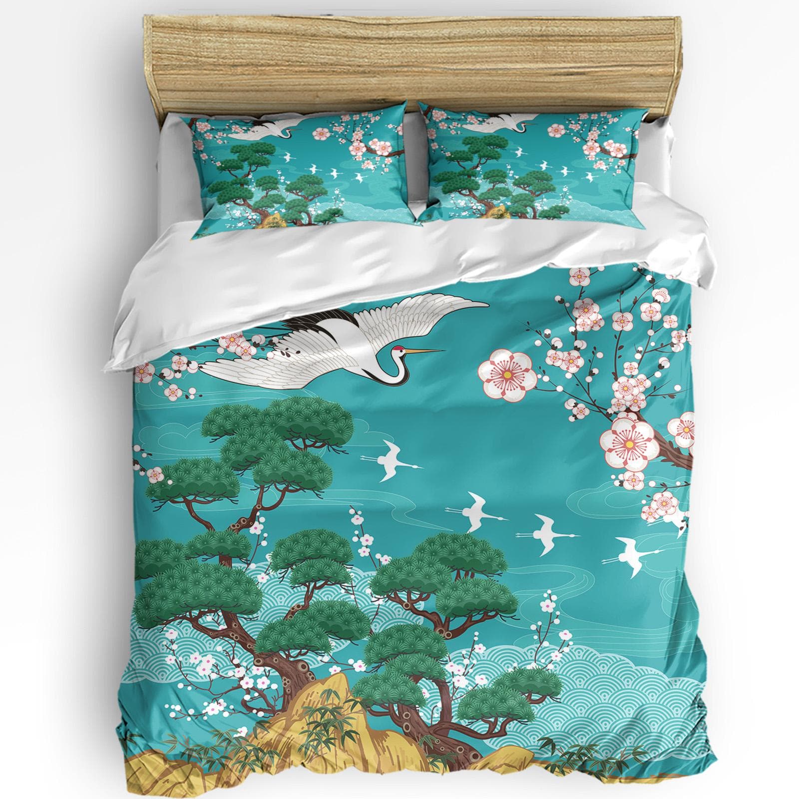 Japanese Style Sakura Cherry Blossom Pink Flower 3pcs Bedding Set For Double Bed Home Textile Duvet Cover Quilt Cover Pillowcase AU Queen(210x210cm)