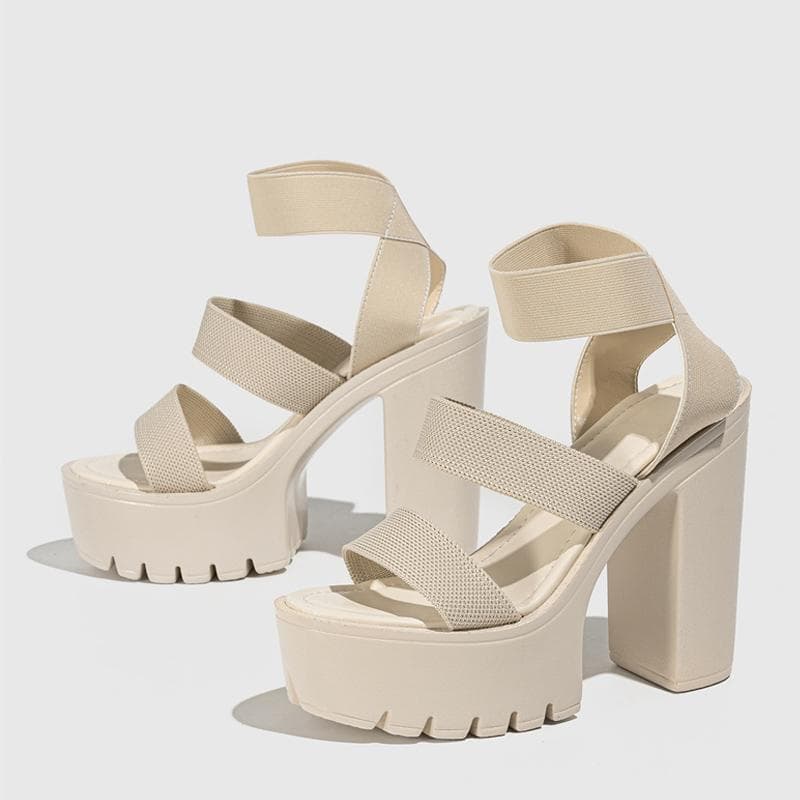 Liyke Punk Style Chunky High Heels Platform Sandals Women Open Toe Slip On Stretch Ankle Strap Summer Shoes Female Zapatos Mujer 35 apricot