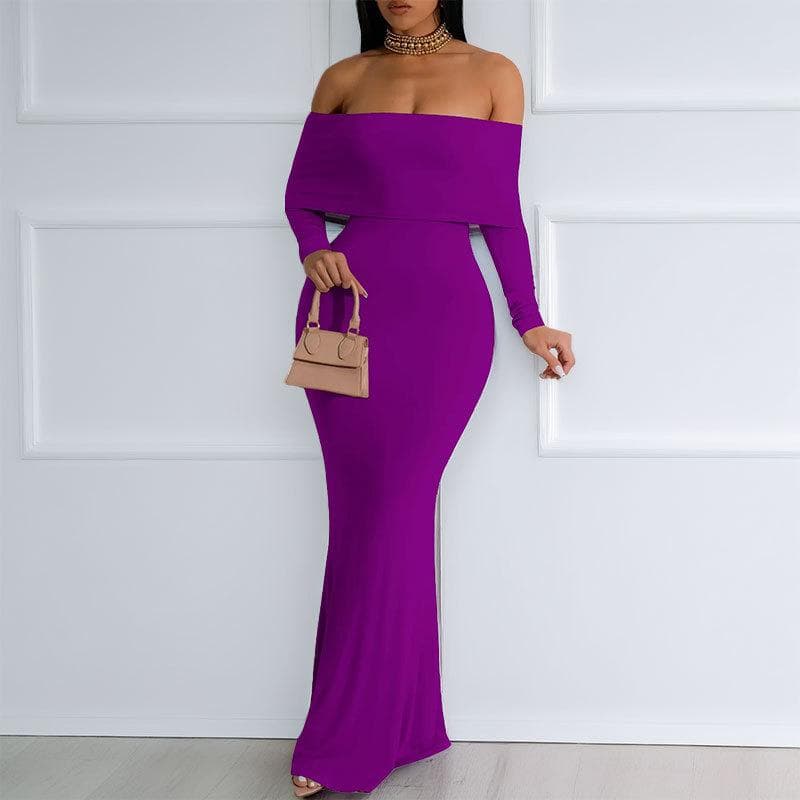 Spring Women's Fashion Solid Color Sexy One-shoulder Long Skirt Dress 3XL