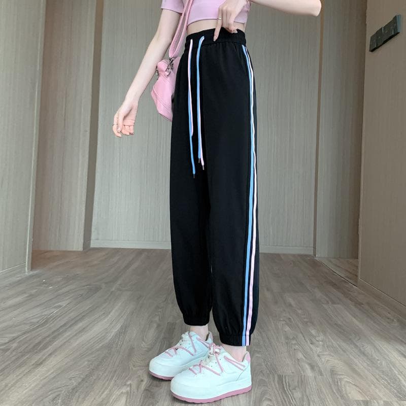 Quick-drying Sweatpants for Women In Summer New Striped Trousers Thin Quick-drying Breathable Elastic Waist 2XL black