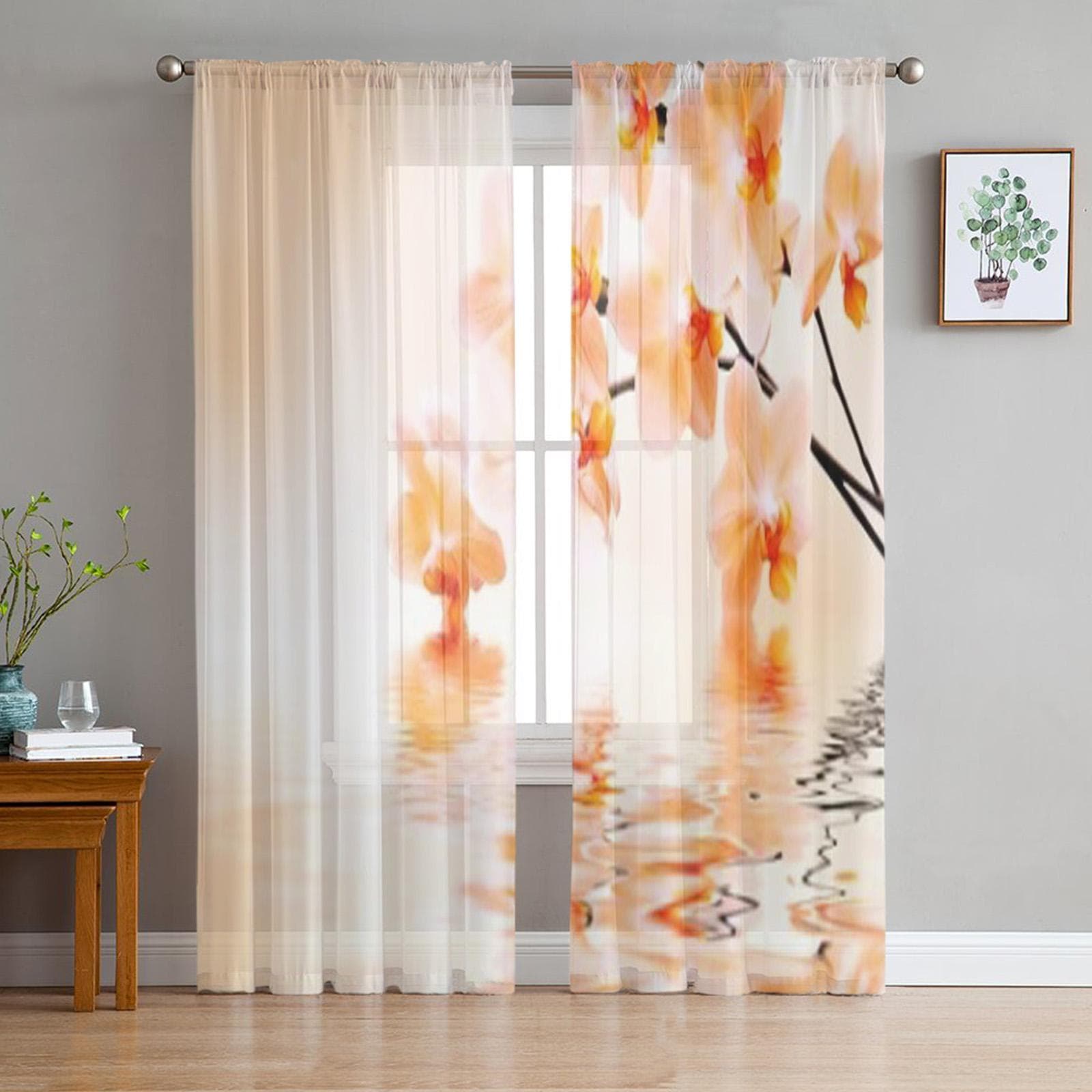 White Orchid Flower Phalaenopsis Reflected In Water Tulle Sheer Curtains for Living Room Kitchen Decor Voile Organza Curtain 135W x 137H(cm) x2
