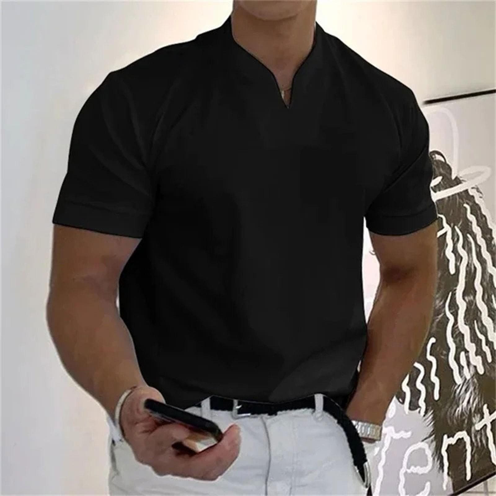 Men's Casual Solid Color V-Neck Gentleman's Business Short Sleeve Fitness T-Shirt M
