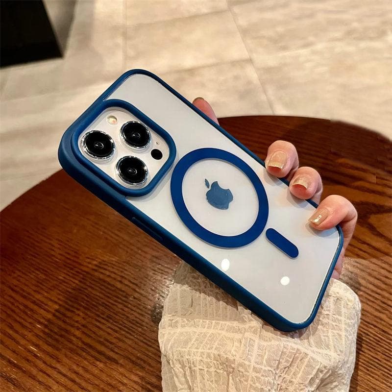 Luxury Magsafe Transparent Case For iPhone 16 15 14 13 12 11 Pro X XS XR Max Mini 7 8 Plus SE 2022 Magnetic Wireless Charge Cover iPhone 12 navy blue