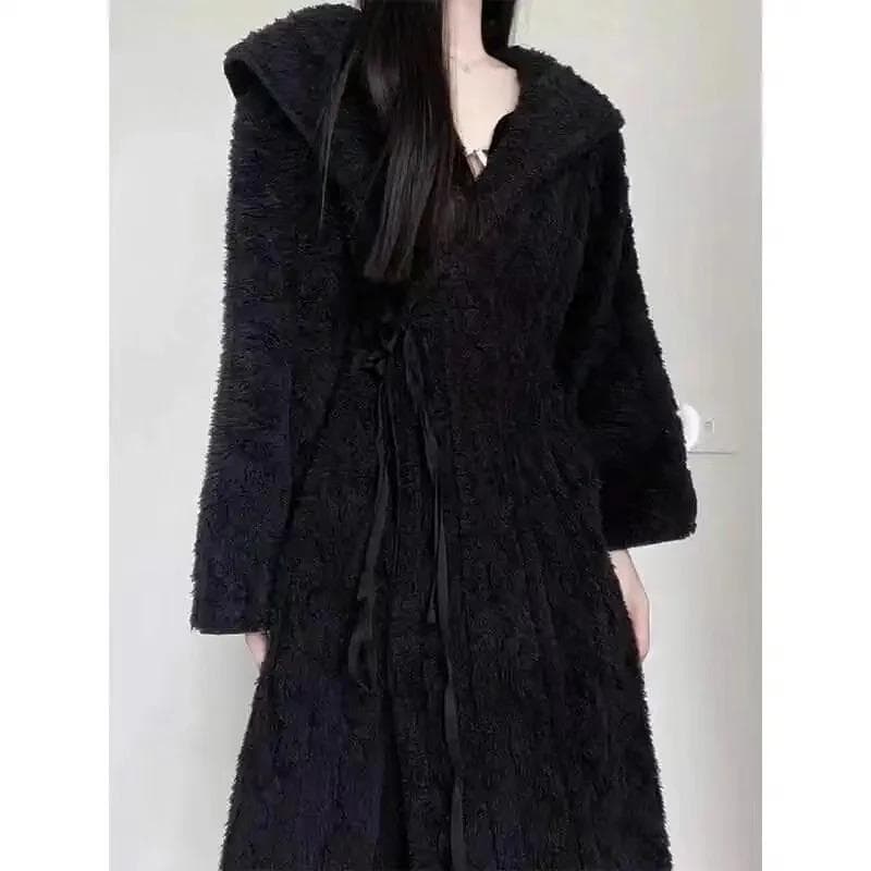 Coral Fleece Nightdress Women Winter Sweet Princess Sleepwear Bathrobe Thickened Flannel Pajamas Hooded Women Homewear Dress XL black