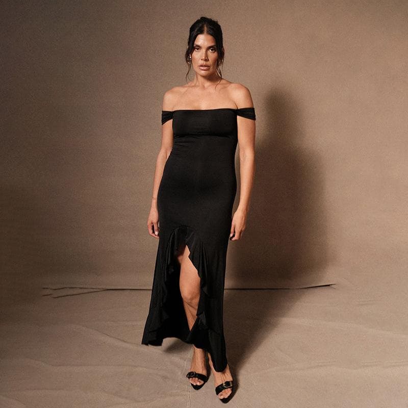New Long Skirt Solid Color Female Sexy Backless One-shoulder Suspender Skirt Seaside Shirt Dress L black