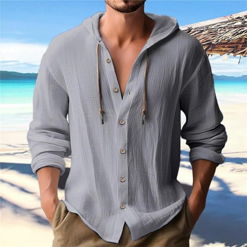 2025 New Men's Hooded T-shirt, Solid-color Cotton and Linen Men's Casual Long-sleeved Top XL grey