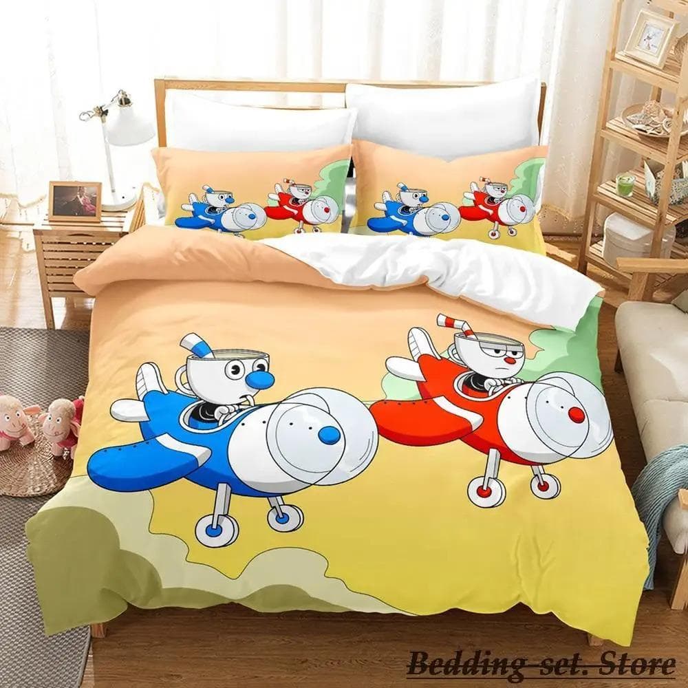 Game Cuphead Mugman Bedding Set Cartoon Anime three-piece set Adult Kid Bedroom Duvetcover Sets 3D Kawaii cama de casal AU Single 140x210cm