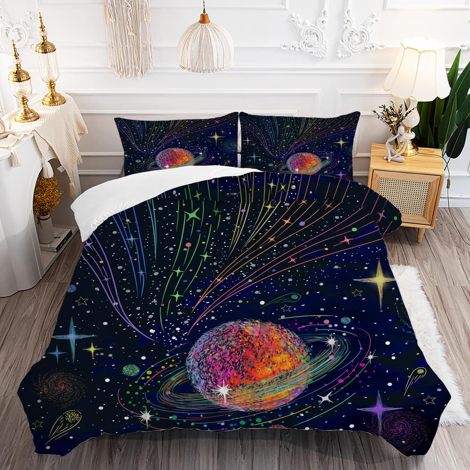 Galaxy Comforter Sets, 3D Outer Space Themed Bedding, All-Season Quilted Duvet, for Children Boy Girl Teen Kids with Pillow Sham 140x200cm 3pcs