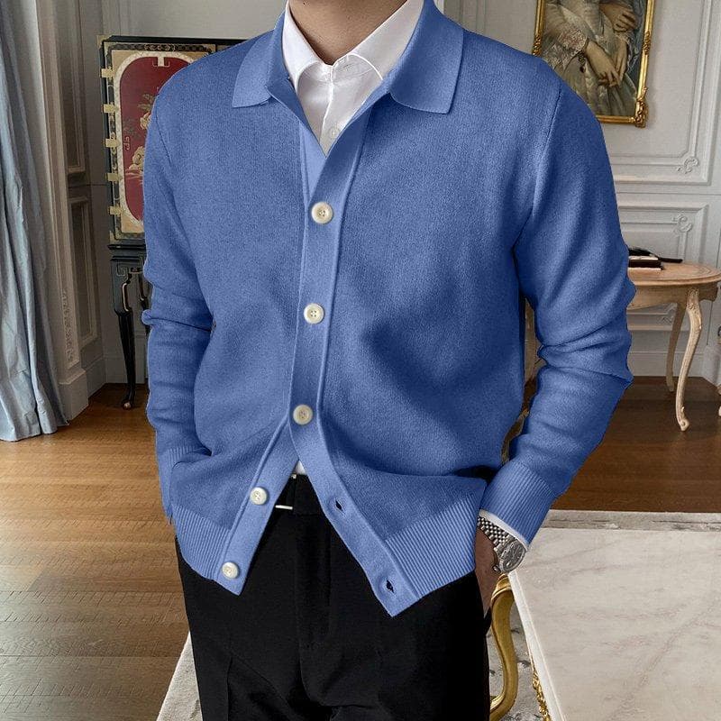 2024 Spring Autumn New Cotton Knitted Cardigan Slim Long Sleeve Button Korean Men's Fashion Lapel Sweater Simple Casual Coat 2XL blue