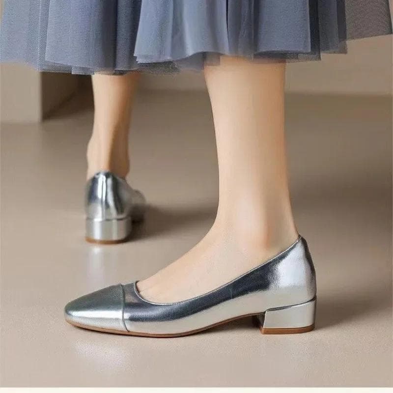 Fashion High-quality Genuine Leather Flat Bottom Ballet Shoes Four Seasons Women's Shoes Cowhide High Heels Pumps Insoles Sheepskin 38 silver